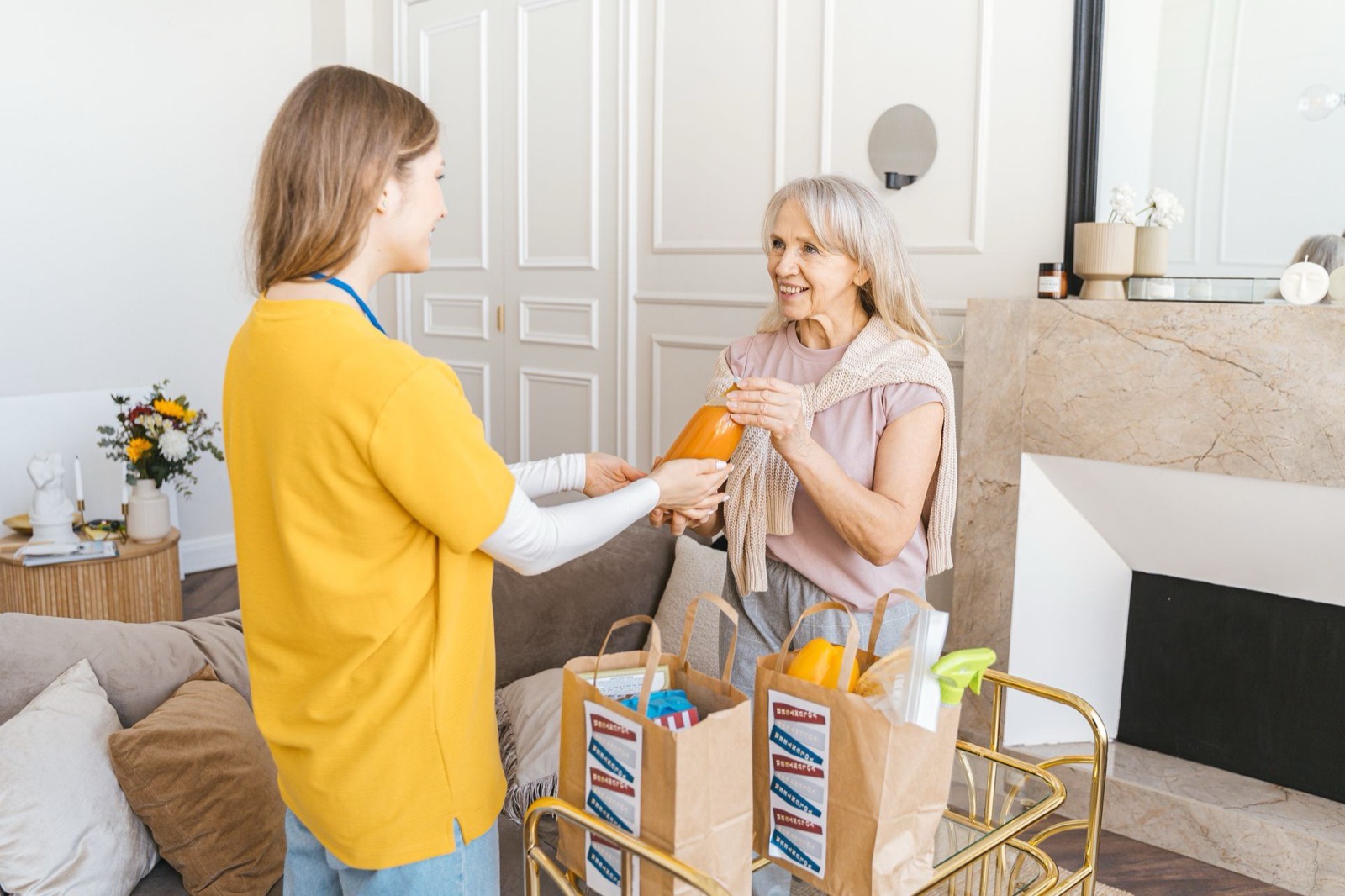An Ally In-Care caregiver visiting a smiling senior client at home